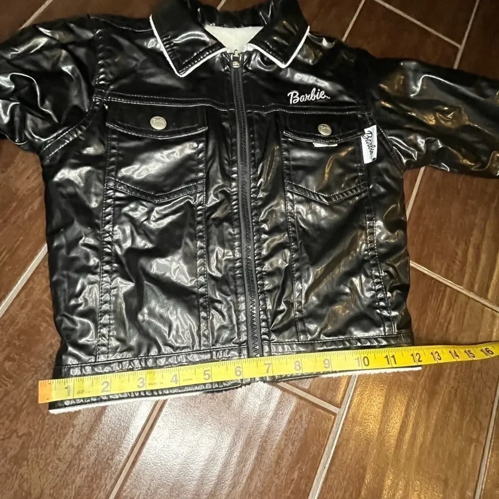 Barbie faux black leather/cow print biker reversible jacket sz5